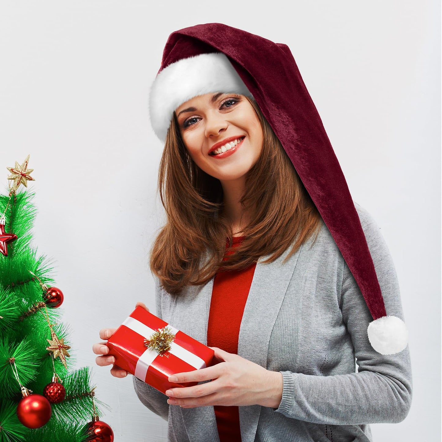 Funnysoft 2 Pcs Santa Hat Adults Unisex Velvet Christmas Hat Extra Thicken Classic Plush Holiday Hats for Adult Xmas Supplies(Burgundy,Long Style)