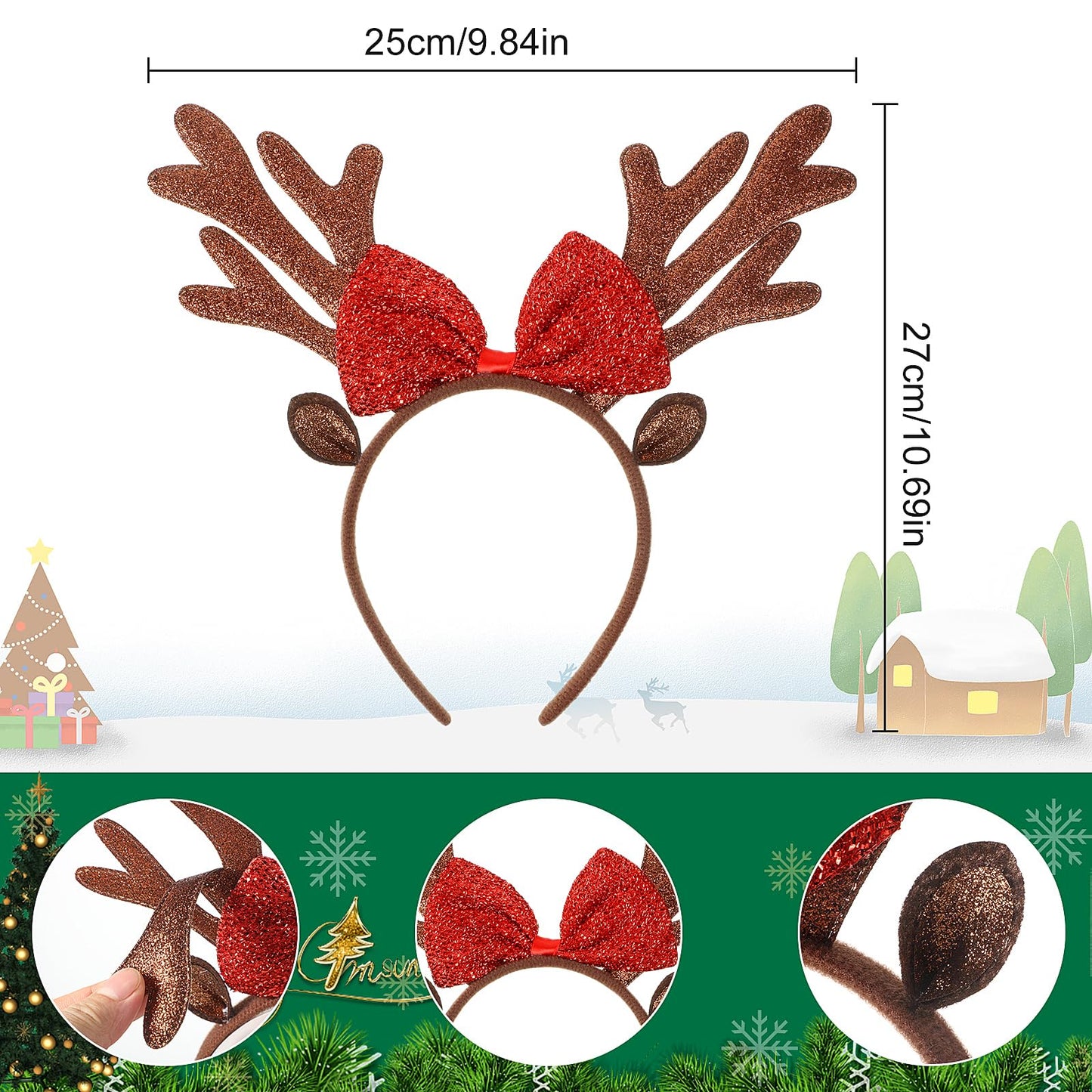 Lyrow 24 Pcs Reindeer Antlers Headbands for Adults Antlers Headband with Bells Halloween Christmas Holiday Party Gift (Bow Style)