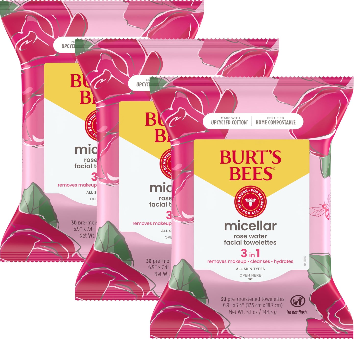 Burt's Bees Back To School Dorm Essentials, Rose Water Face Wipes, for All Skin Types, Hydrating Micellar Makeup Remover & Facial Cleansing Towelettes, 30 Ct (3-Pack)
