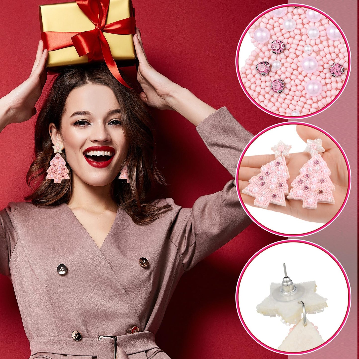 Remuuly 24 Pairs Pink Christmas Earrings for Women Christmas Dangle Earrings Xmas Tree Santa Jewelry for Holiday Party Gifts(Fashion Style)