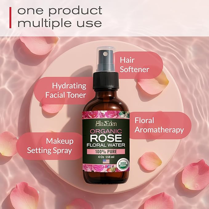 Ella & Eden Organic Rose Water Spray for Face, Hair | Hydrating, Refreshing Face Mist | USDA Certified 100% Pure Steam Distilled Hexane-Free - 4 Oz