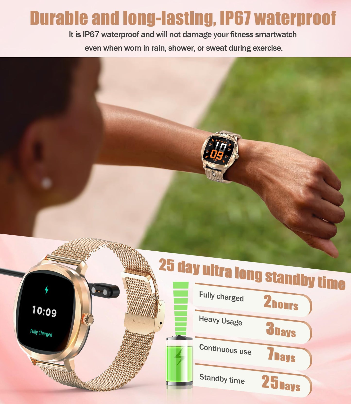 GLPYR Women's 2pc Band Sports Watch/Smart Watch 1.72" Fitness Tracker with Heart Rate Monitor, 100+ Sports Modes, Sleep Tracking, 7-Day Battery, IP68 Waterproof (Gold)