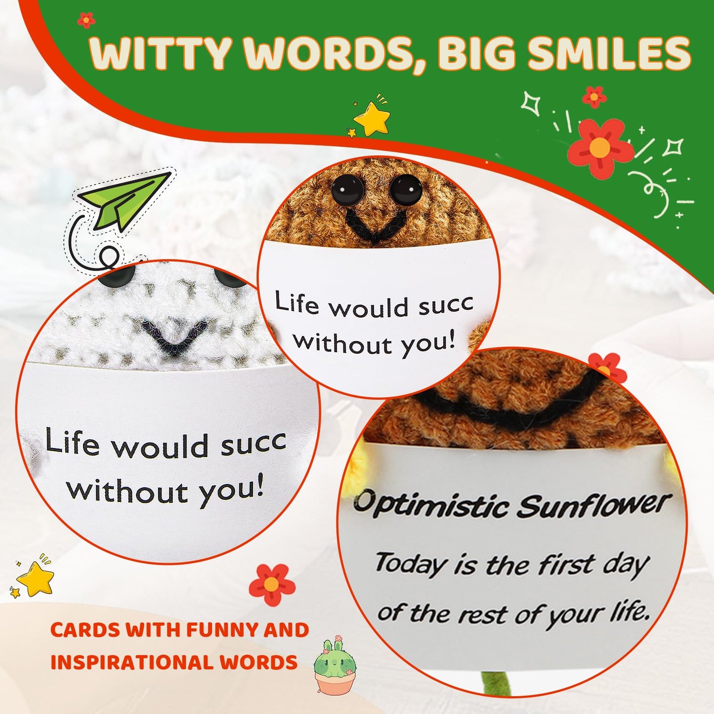 Gifts for Women Men Emotional Potato Pickle: 3Pcs Funny Crochet Dolls Christmas Stocking Stuffers Friends Coworkers Roommates College Students Sister with Cheer Up Cards (Cactus,Sunflower,Succulent)