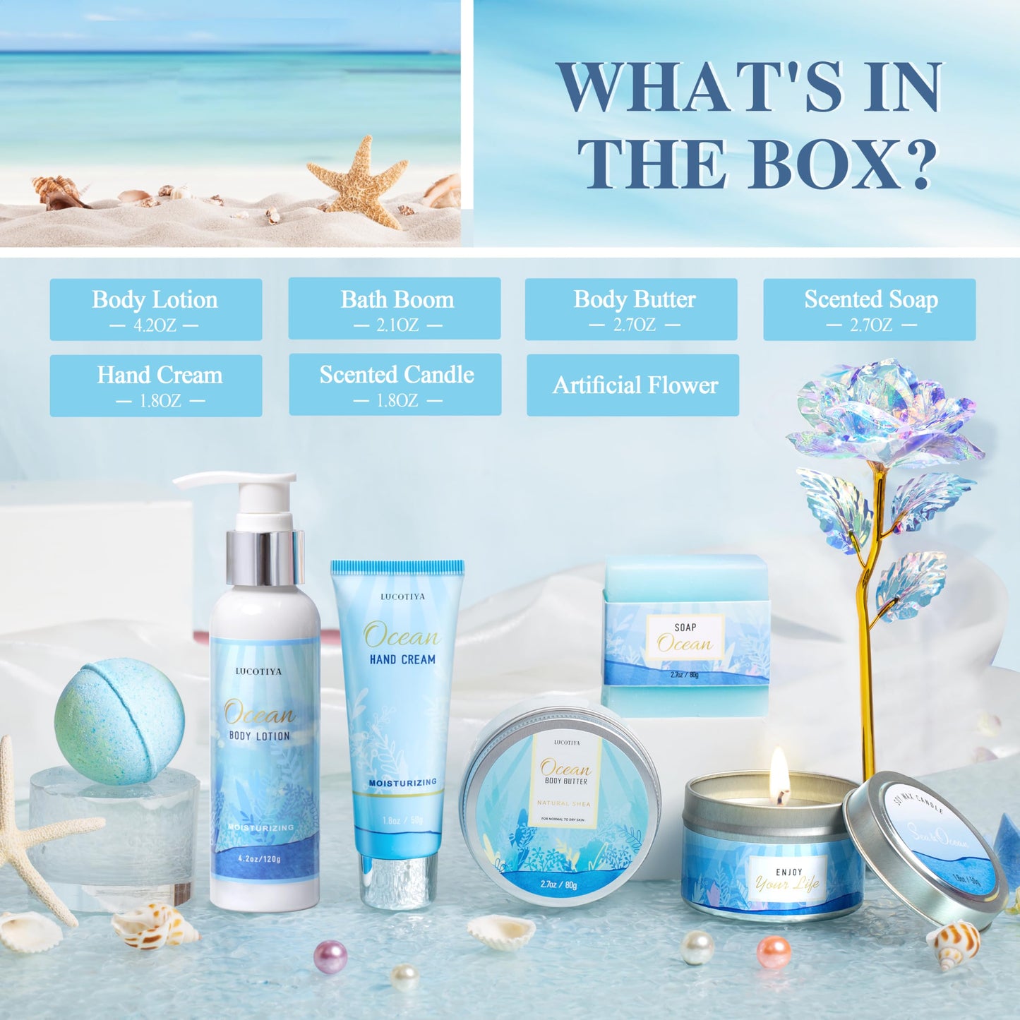 Gifts for Women, Ocean Scented Spa Gift for Women Birthday 7 Luxury Self Care Package, Gift Basket Care Package for Her Wife Mom Friends Female Bff