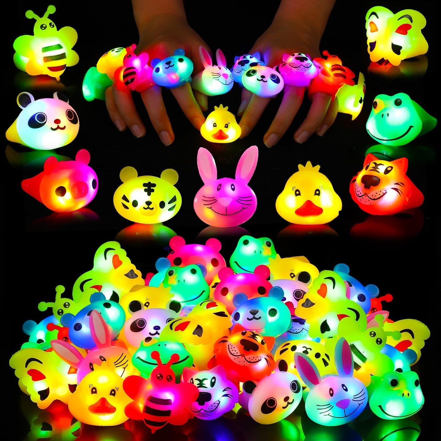 SCIONE 40 Pack Light up Rings Birthday Party Favors for Kids, Goodie Bag Stuffers Glow in the Dark Halloween Party Supplies, Classroom Prizes Cute Animal Treasure Box for Kids