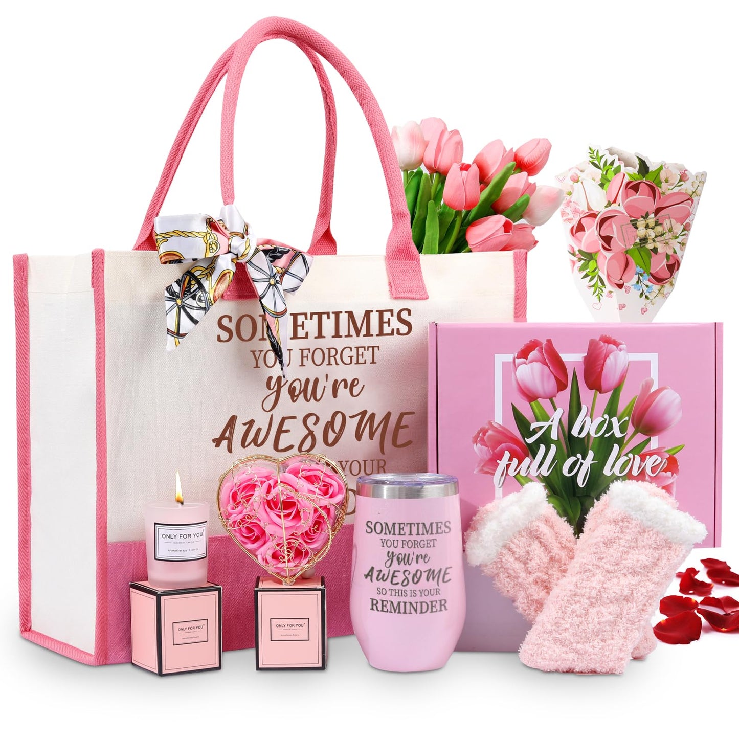 Gifts Baskets for Women, Birthday Baskets for Mom, Sister, Her, Employee, Wife, Thanksgiving Day, Christmas Gifts for Women, Care Package, Gift Sets with Canvas Tote Bag Sock Tumbler Soap Flower