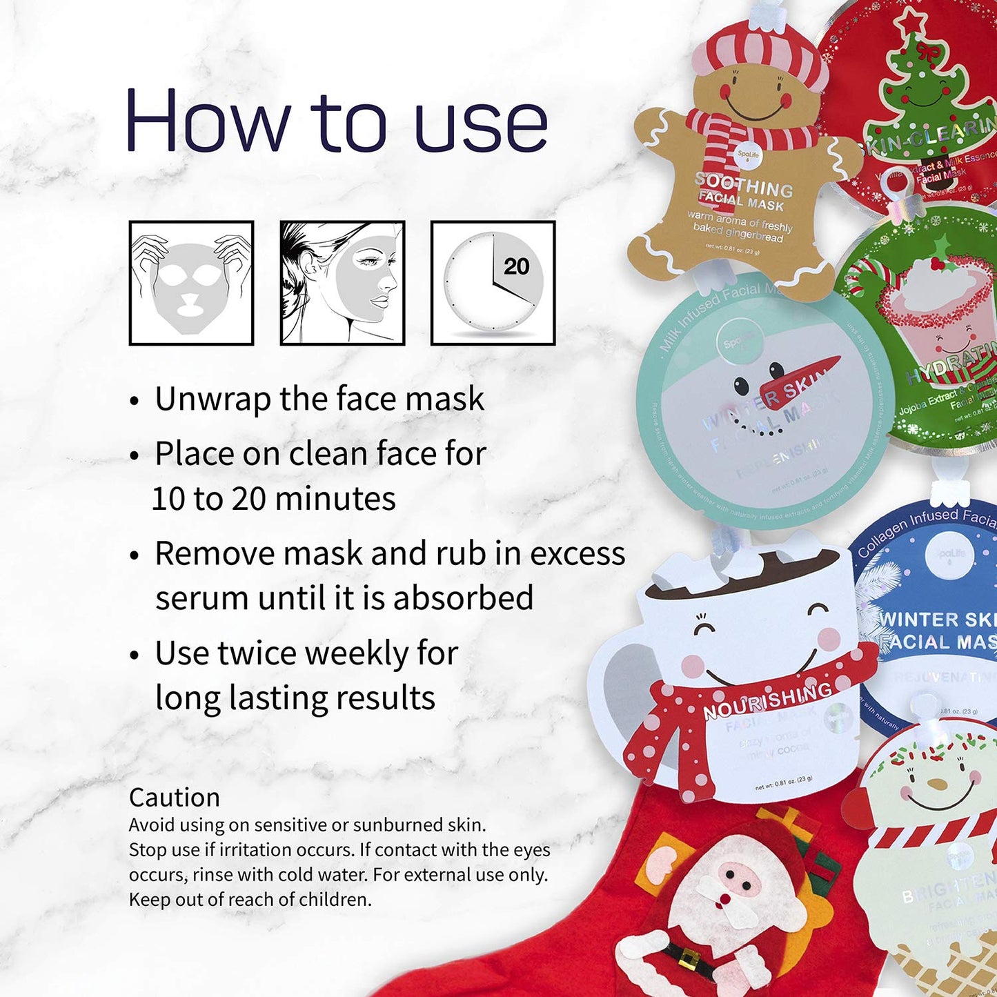 SpaLife Christmas Stocking Stuffer Facial Masks 12-Pack - Hydrating, Smoothing, and Refreshing Skin-Clearing Face Sheet Masks - Skincare Set for Moisturizing and Soothing Beauty