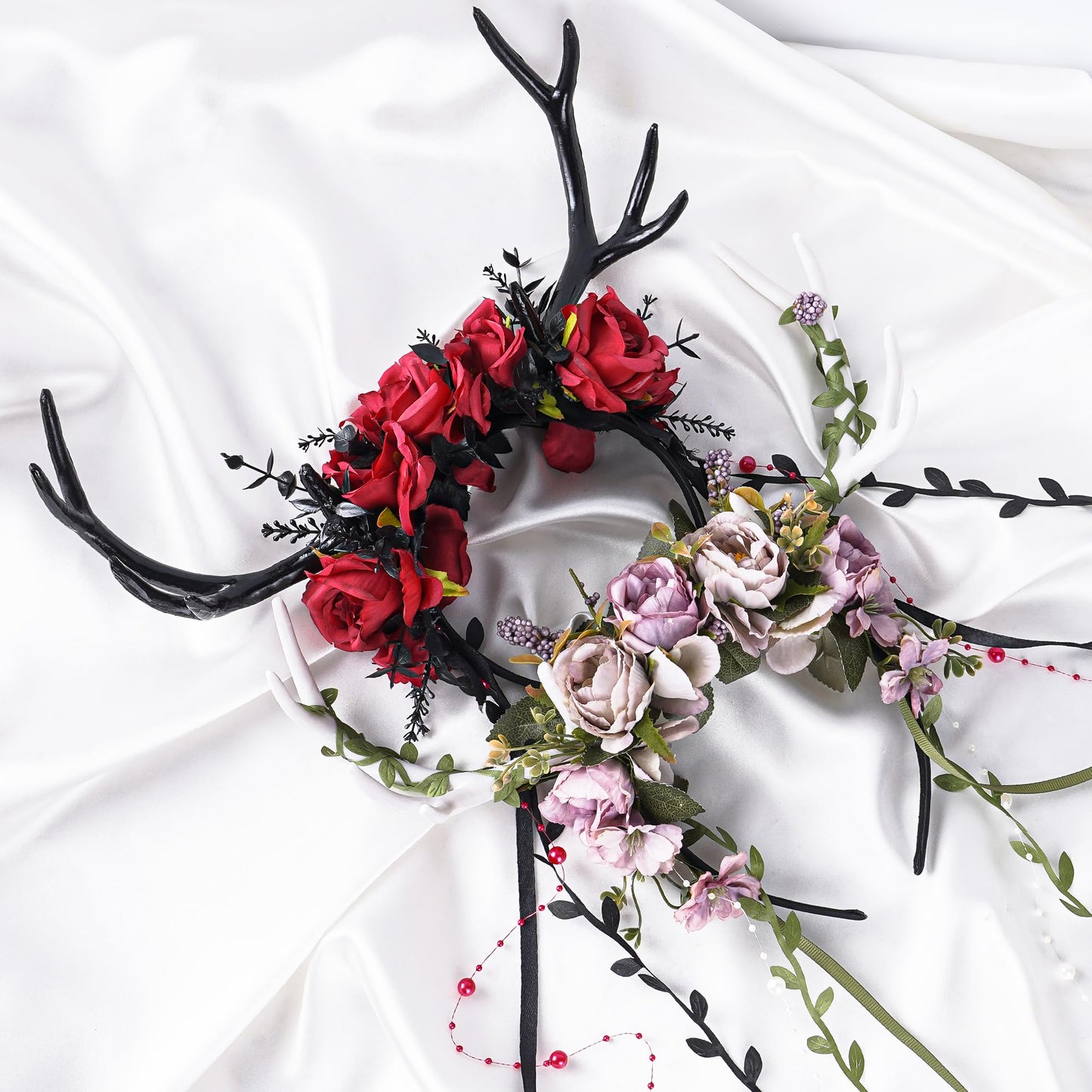 MOSTORY Fairy Deer Antler Headband - Purple Flower Reindeer Headband with Vines for Woodland Costume Women, Forest Floral Antlers Headpiece for Renaissance Accessories Cosplay Fantasy Photo Shoot