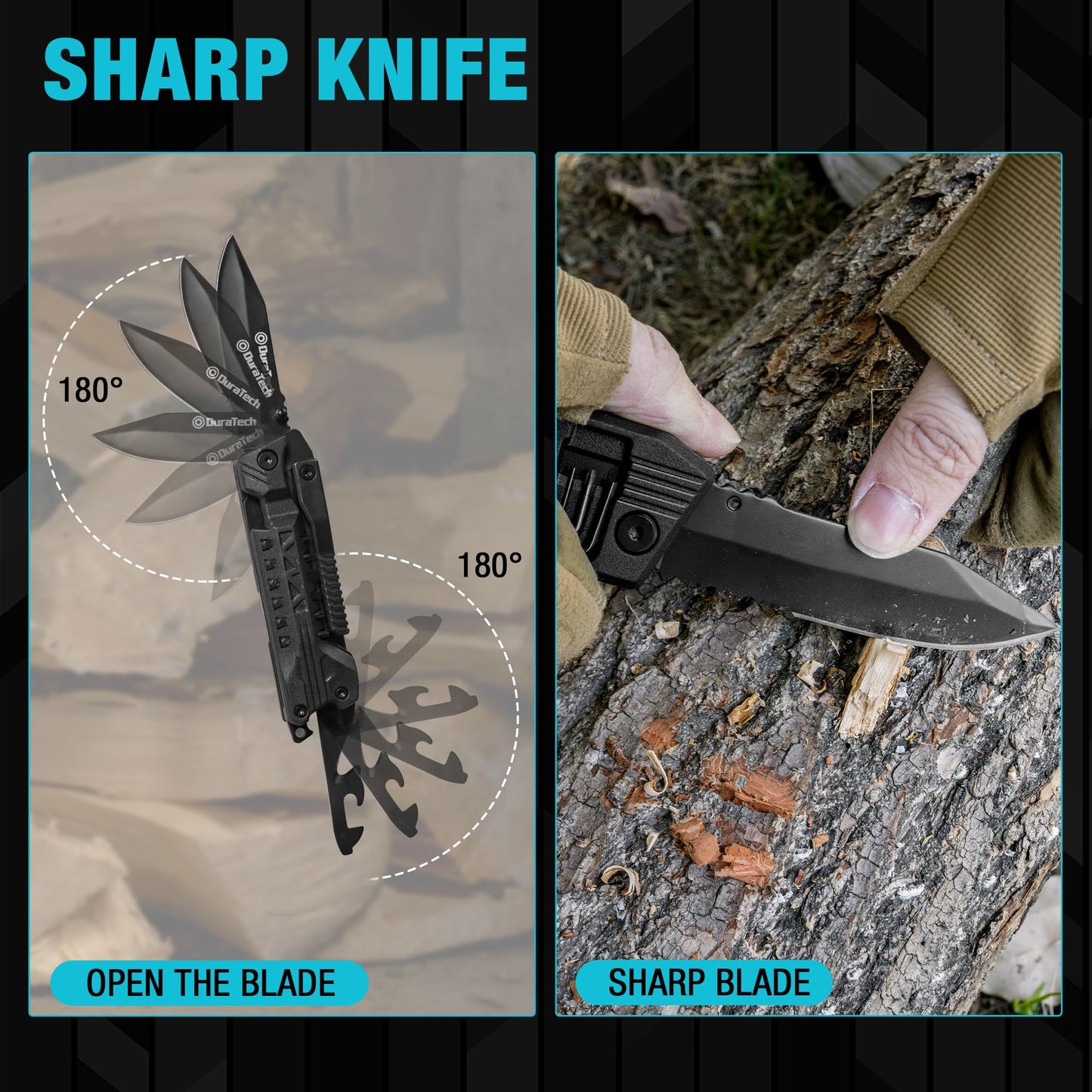 DURATECH 20 in 1 Multitool with Safety Locking, Pocket Tool with Pocket Knife, Screwdriver, Saw, Can Opener, Bottle Opener, Whistle, Fire Starting Sticks, Multi Tool for Outdoor, Hunting, Hiking