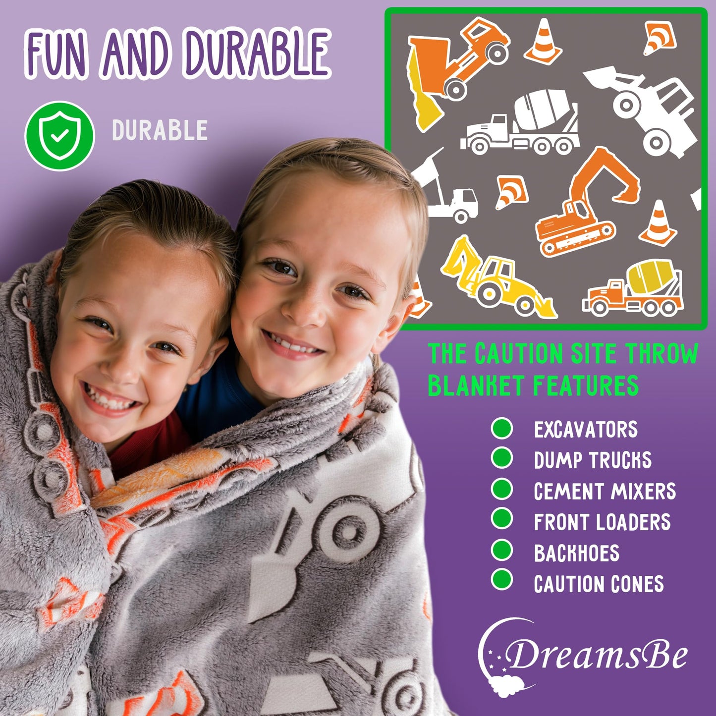 Construction Truck Glow in The Dark Blanket - Luminous Tractor Blanket for Kids - Soft Plush Digger Dump Truck Excavator Throw for Boys - Large 60inx50in Glowing Big Trucks Toddler Gift