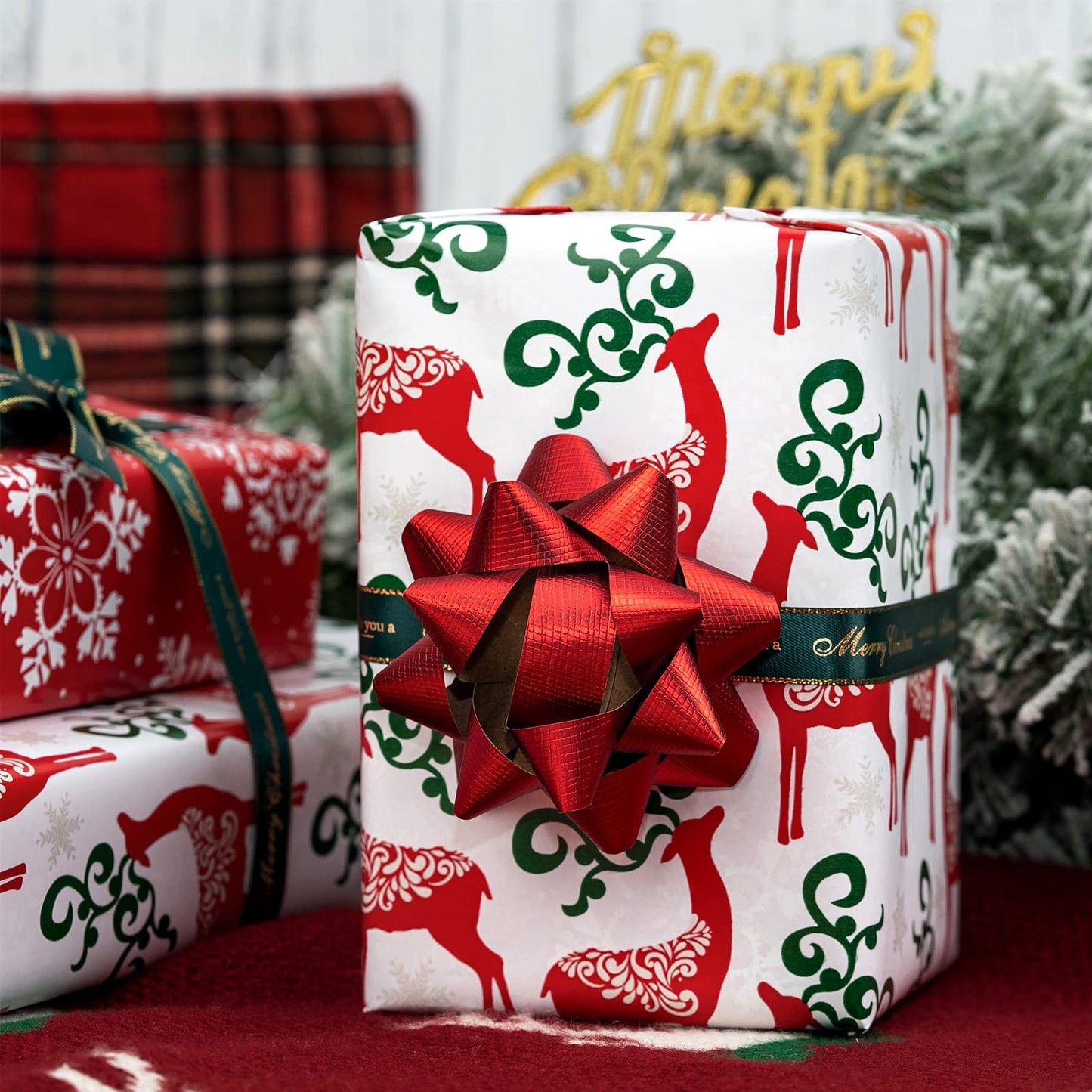 MAYPLUSS Christmas Reversible Wrapping Paper Jumbo Roll - 30 Inches x 100 Feet - Red Green Reindeer and Snowflakes