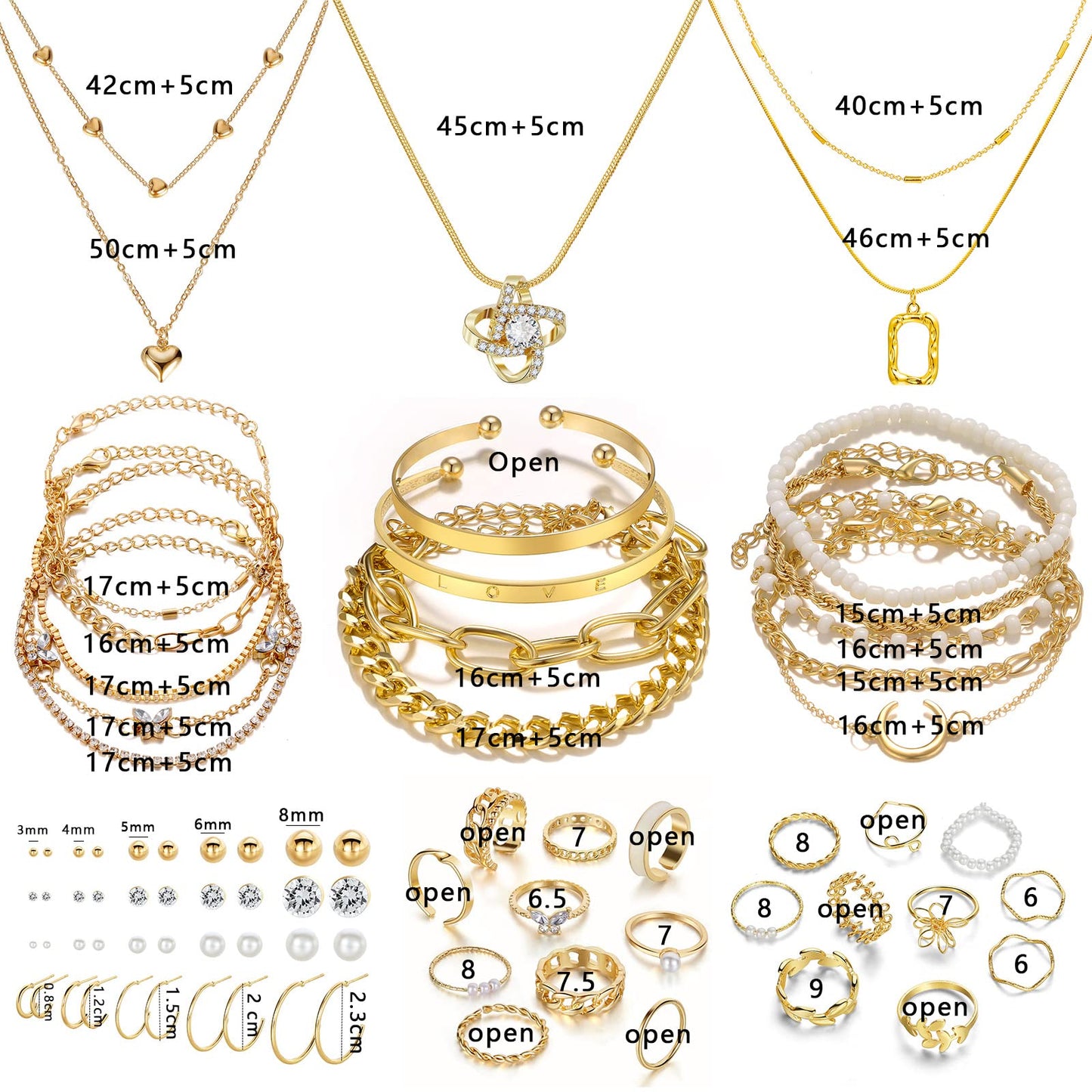 IFKM Gold Plated Jewelry Set with 5 PCS Necklace, 14 PCS Bracelet, 20 Pairs Earring, 20 PCS Knuckle Rings for Women Valentine Anniversary Birthday Friendship Gift