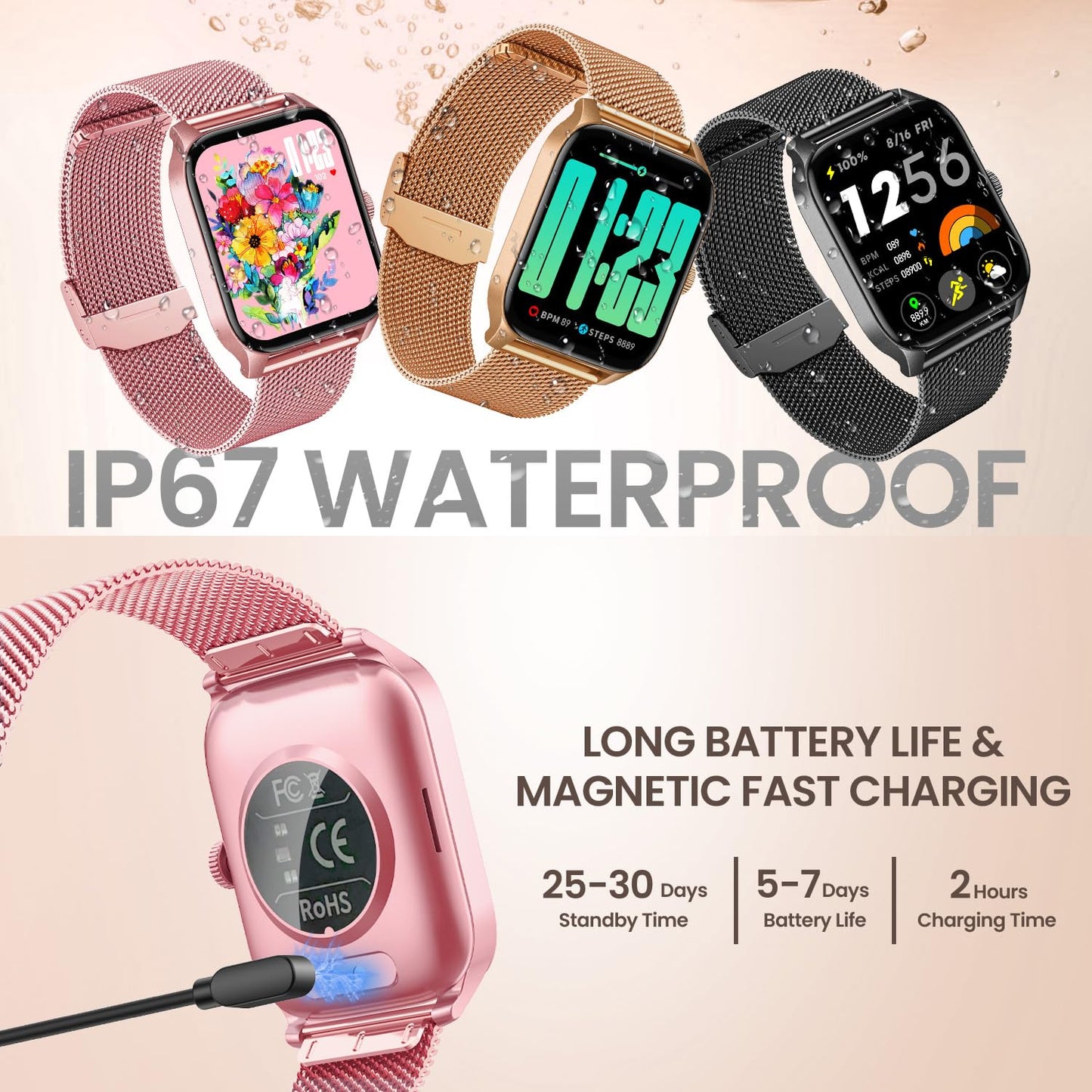 Smart Watches for Women Android iOS Phones: Pink Smartwatch for Women 1.83" Touchscreen with Answer/Make Call Waterproof Heart Rate Blood Pressure Sleep Sport Alarm Pedometer Calorie Fitness Tracker