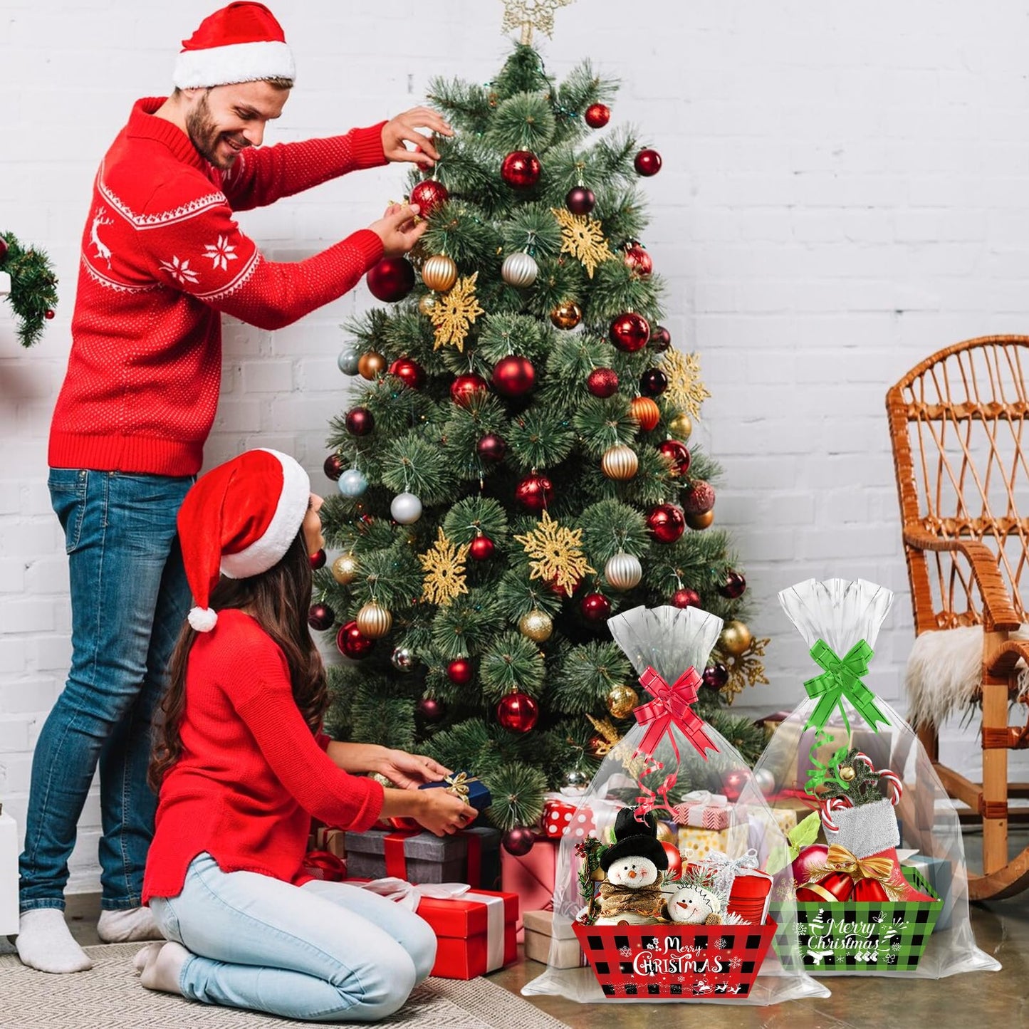 CIEOVO 24 Set Christmas Party Baskets with Cellophane, Bows, Market Tray for Christmas Xmas Holiday Party Decor