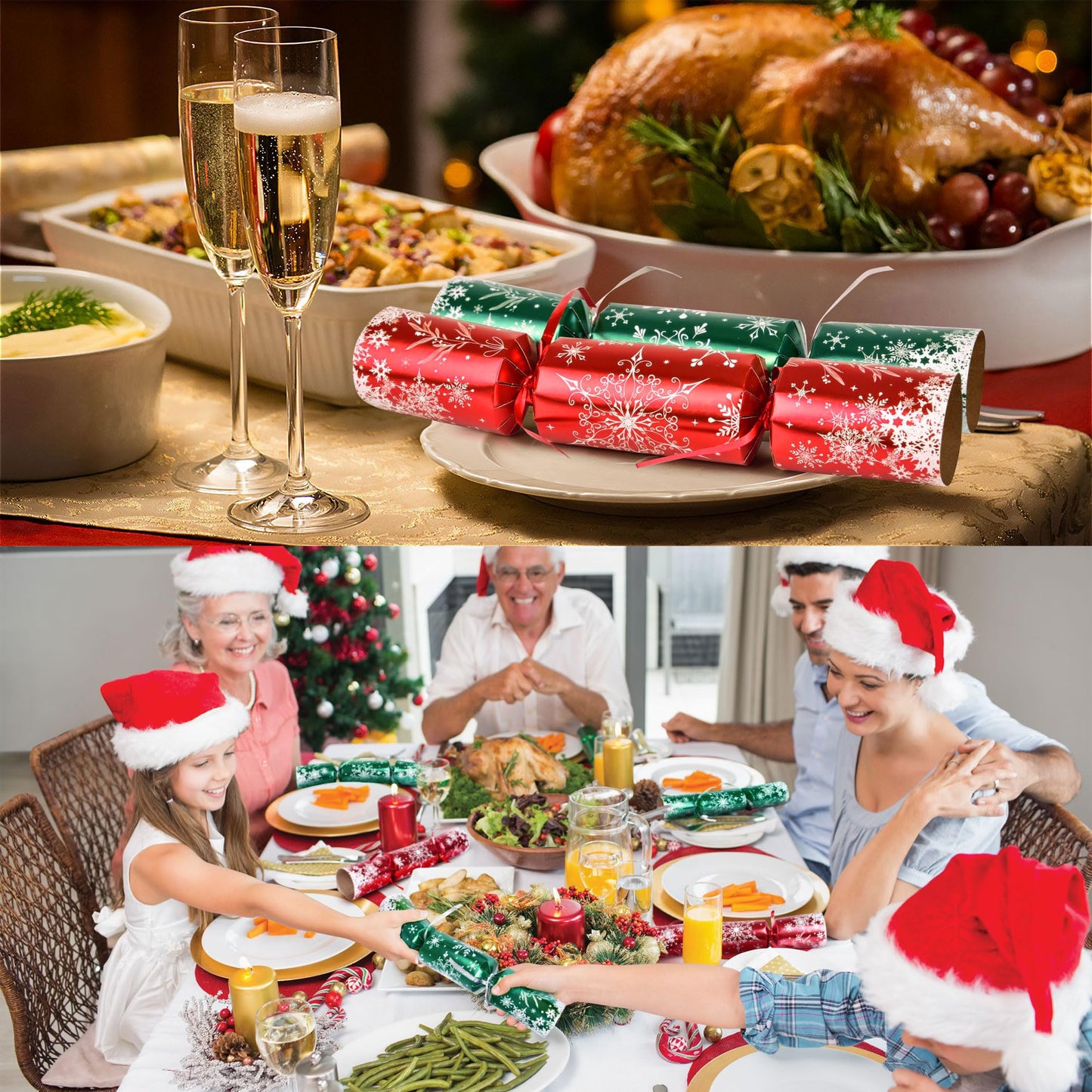 Christmas Crackers, 12 Pack Valentines No Snap Party Favors with Party Hat, Joke & Little Gift Inside for Christmas Thanksgiving Seasonal Holiday Dinner Traditions (Red and Green)