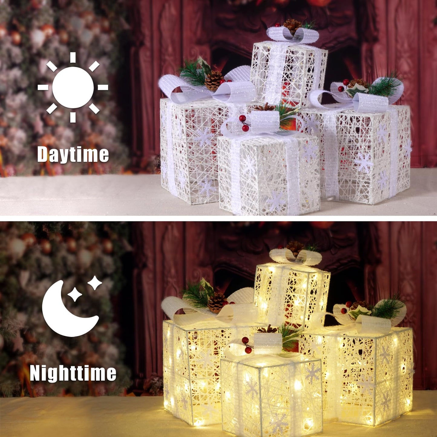 Christmas Lighted Gift Boxes, Set of 4 Christmas Decorations, Battery Operated Xmas Present Boxes, Warm White LED with Bows for Indoor Christmas Tree, Yard, Home Decor