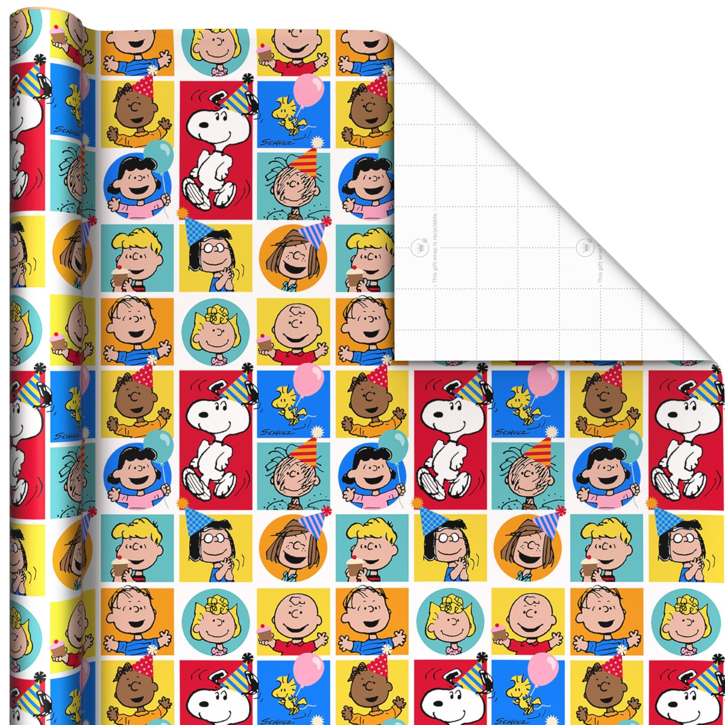 Hallmark Peanuts Wrapping Paper Rolls for Birthdays, Easter, Christmas (Set of 3 Rolls: 60 Sq. Ft. Total) Snoopy, Charlie Brown, Woodstock, Green, Blue, Red