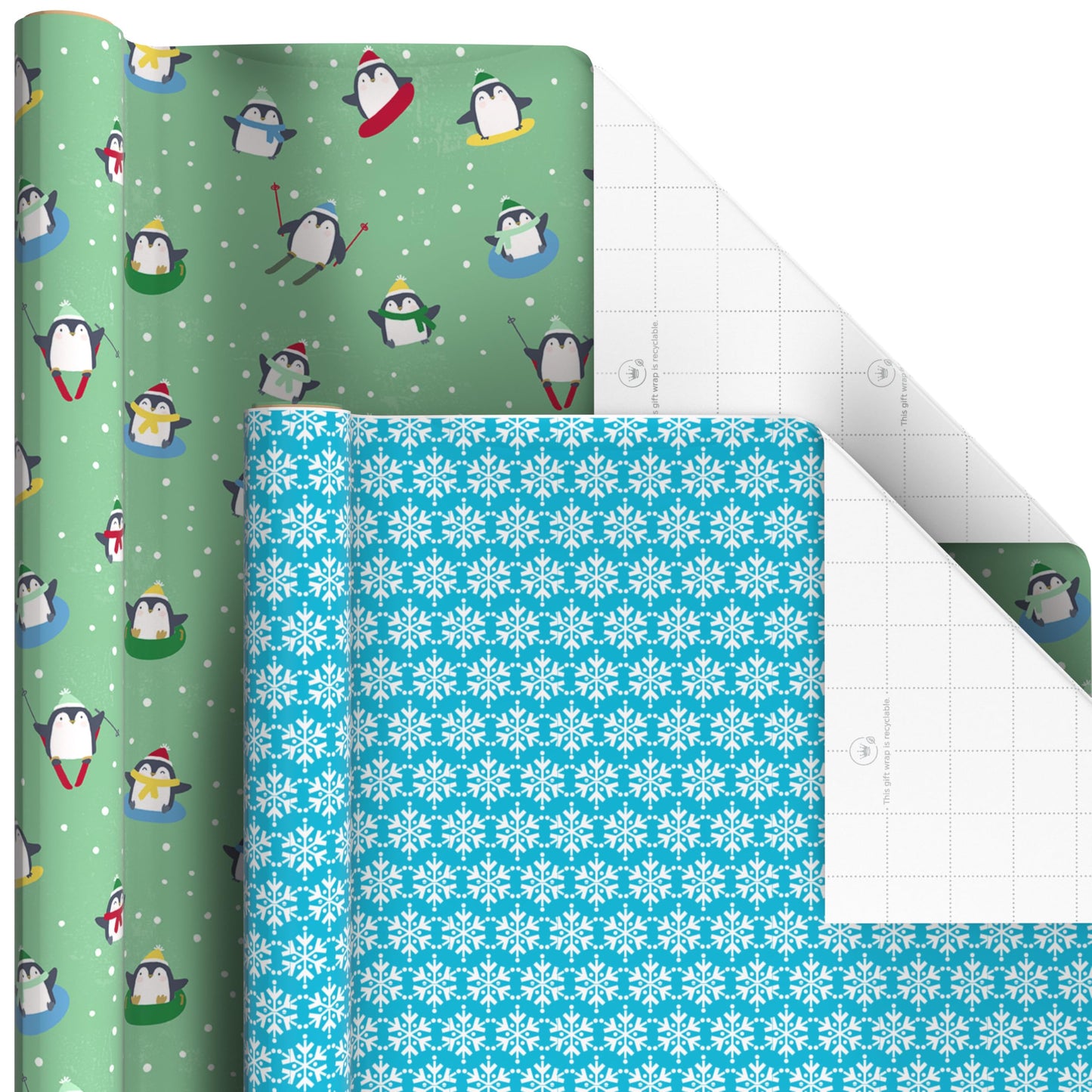 Hallmark Kids Christmas Wrapping Paper Rolls with Cutlines on Reverse (6 Rolls: 180 Sq. Ft. Total) Snowman, Snowflakes, Penguins, Santa Claus