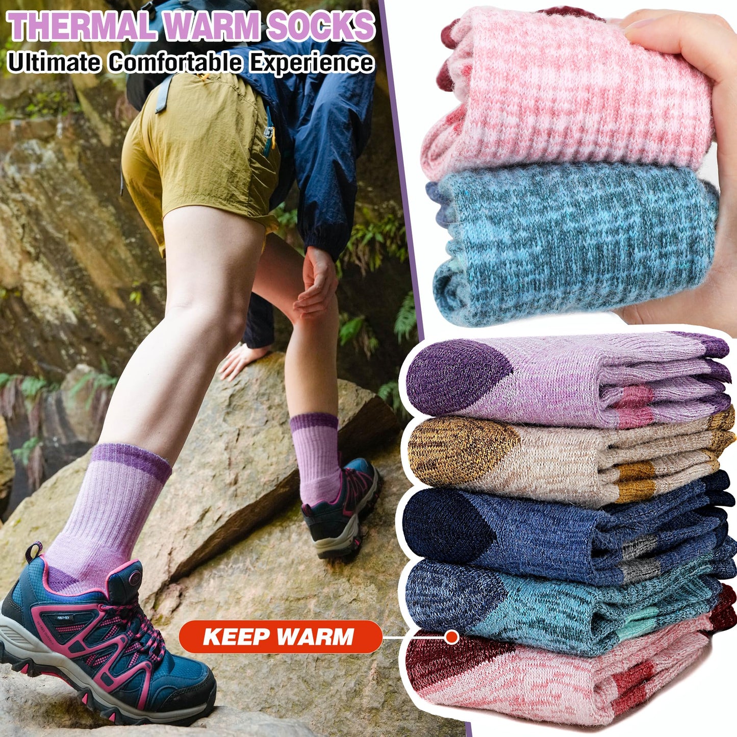 SAVALOS Merino Wool Hiking Socks for Women Thermal Warm Winter Cozy Work Crew Gifts Socks 5 Pairs Stocking Stuffers (Assorted A,M)
