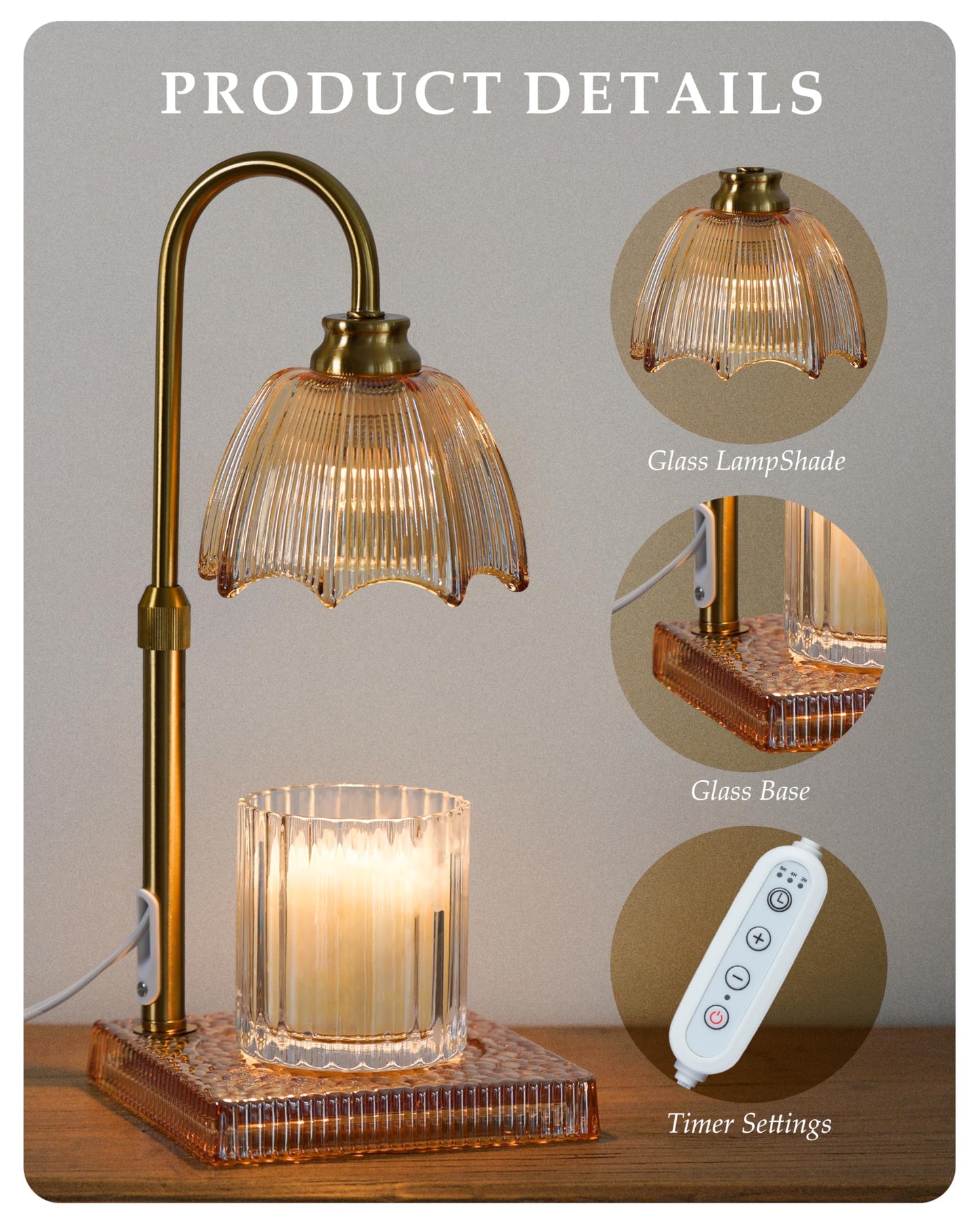 Candle Warmer Lamp with Timer, Dimmer & Adjustable Height, 20MM Crystal Base, 2 Blubs, Fit Jar Scented Candles, Safe Aromatherapy Light for Sleep, Work, Yoga, Bedroom, Office, Gift for Women