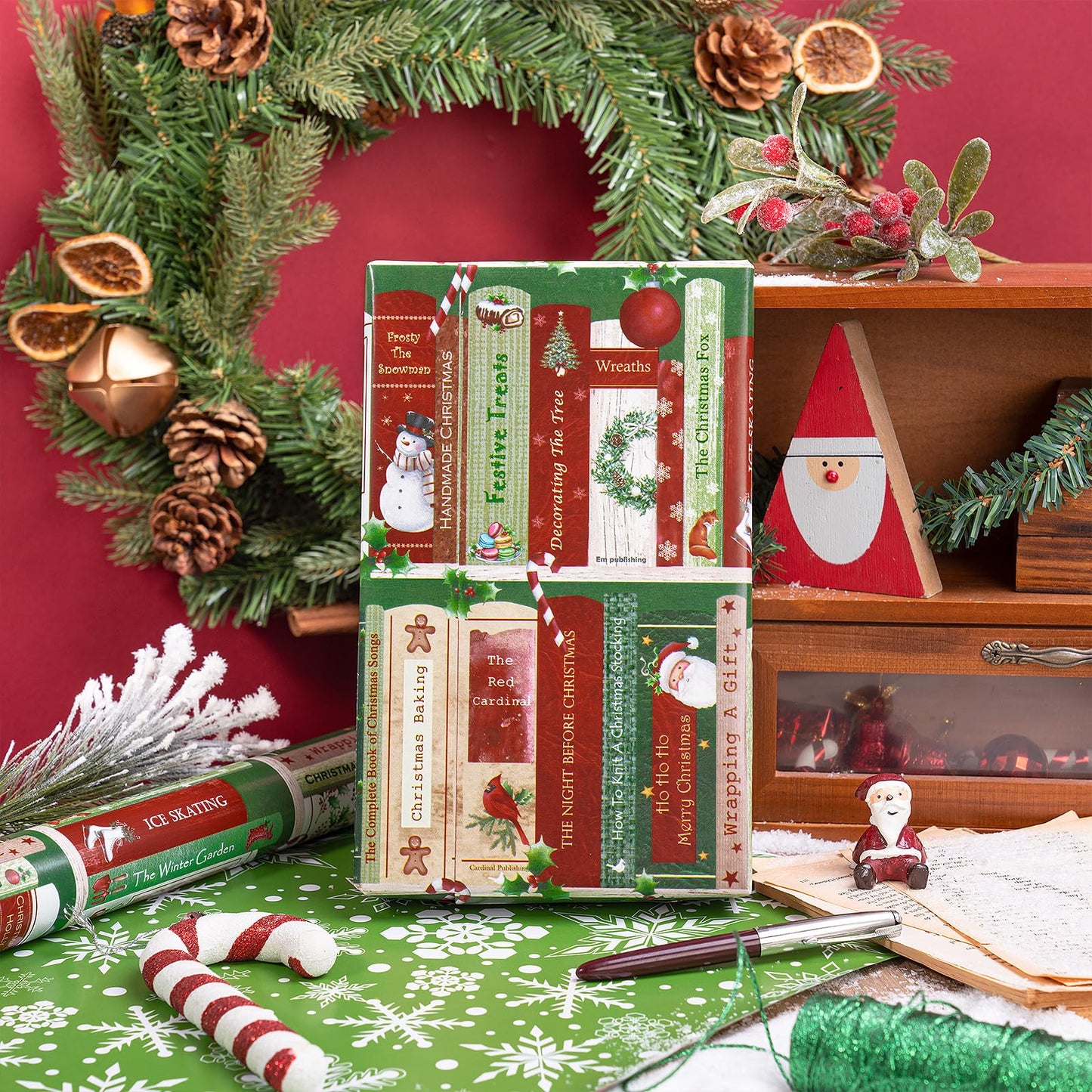 RUSPEPA 30" X 32.8' Reversible Christmas Wrapping Paper Large Paper Roll, Jumbo Roll, Vintage Christmas Bookshelf Design, Green White Snowflake Gift Wrap for Friends, Family, Xmas Holiday Gifts