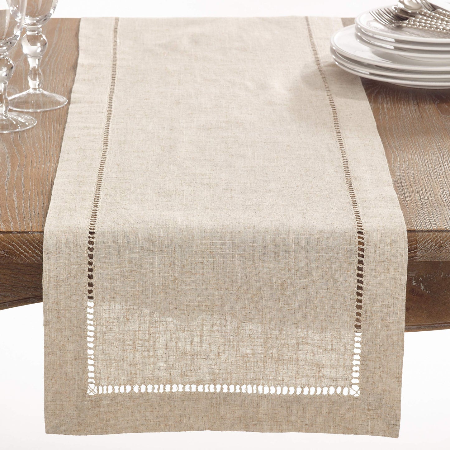 Saro Lifestyle Poly and Linen Blend Hemstitched Table Runner with Hemstitch Border, 16"x72", Natural
