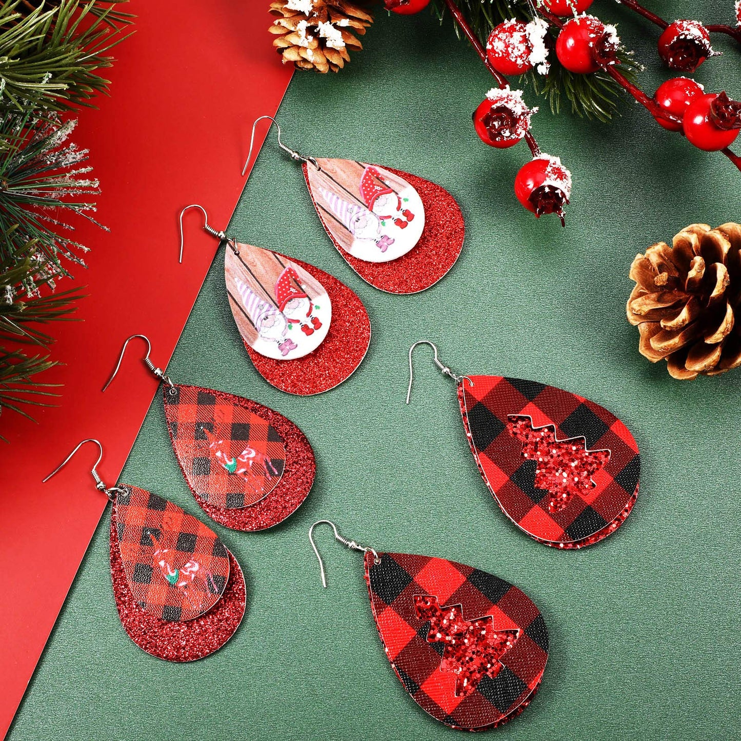 Hicarer 23 Pairs Christmas Leather Earrings Bulk for Women Glitter Faux Leather Teardrop Dangle Earrings Lightweight Xmas Ear Loop Tree Snowman Jewelry Gift for Winter Holiday New Year Party Supplies