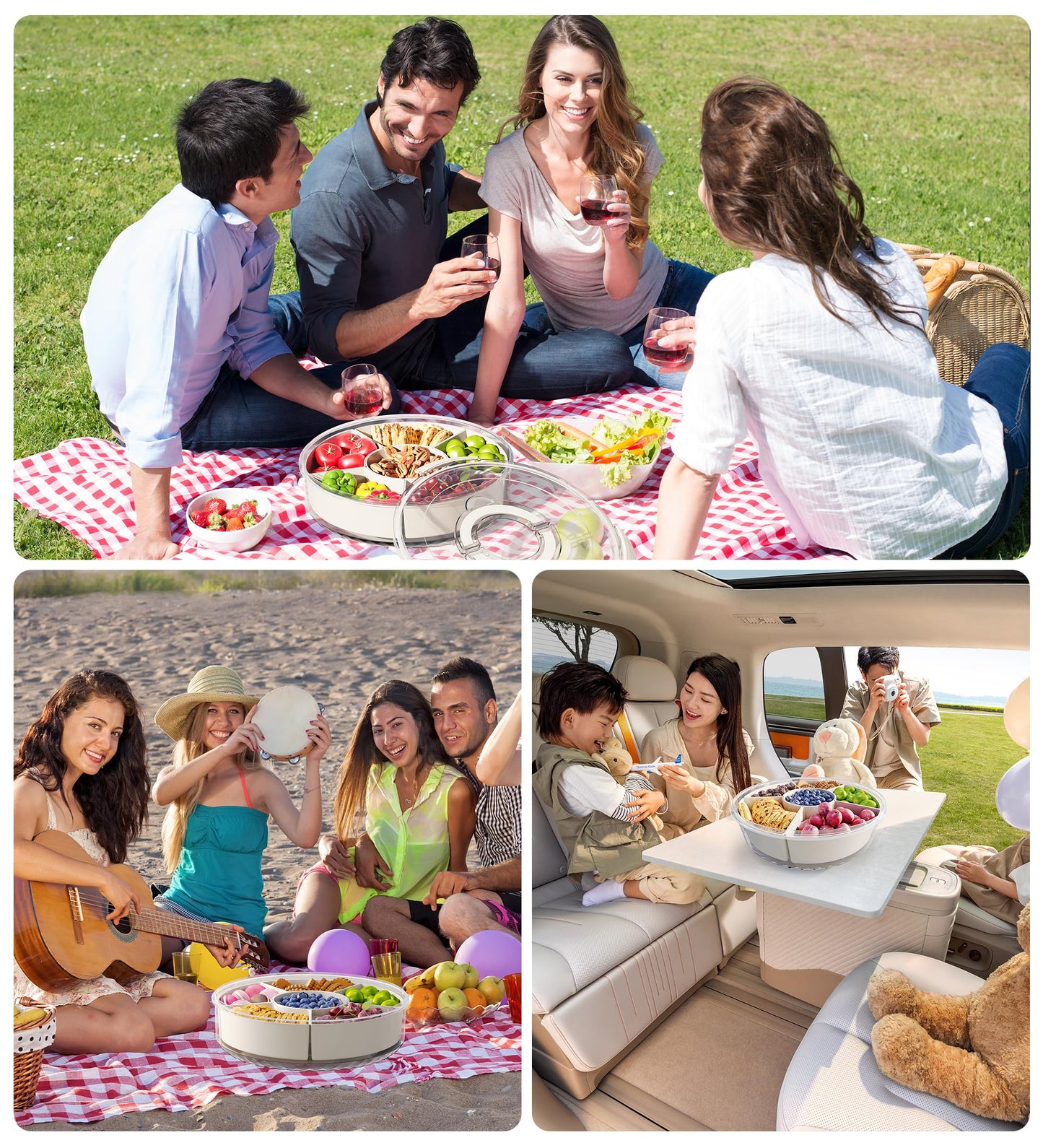 Divided Rotating Serving Tray with Lid and Handle, Portable Snackle Box for Fruits Snacks Veggie Charcuterie, Clear Lazy Susan Organizer and Fridge Storage Container for Adults Child (1PCS,12" L