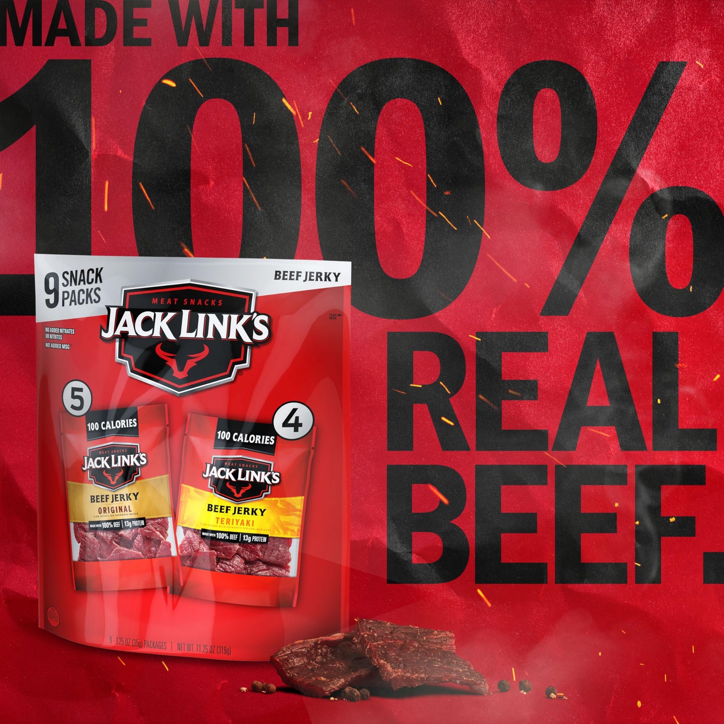 Jack Link's Beef Jerky Variety Pack - Includes Original and Teriyaki Jerky, Bulk Protein Snack Pack, Good Source of Protein, Meat Snacks Made with 100% Beef, Individual Bags - 1.25 Oz (Pack of 9)
