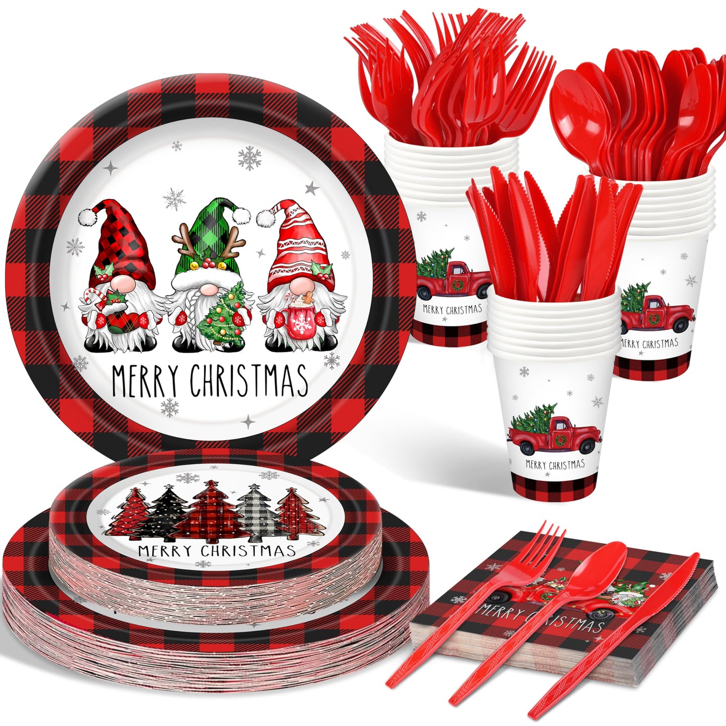 Christmas Plates Set Christmas Dinner Tableware Set Disposable 168Pcs Christmas Party Supplies for 24 Guests Buffalo Plaid Christmas Paper Plates Napkins Cups Plastic Forks Knives Spoons