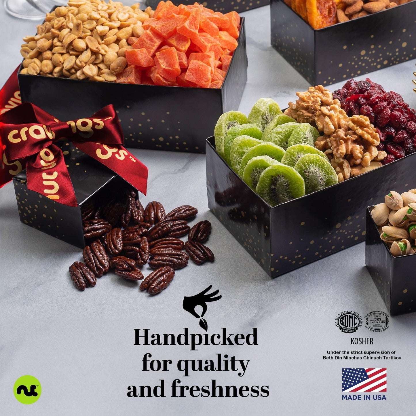 NUT CRAVINGS - Mixed Nuts Gift Basket Black Tower + Heart Ribbon (12 Assortments) Food Arrangement, Healthy Snack Care Package, Food Assortments