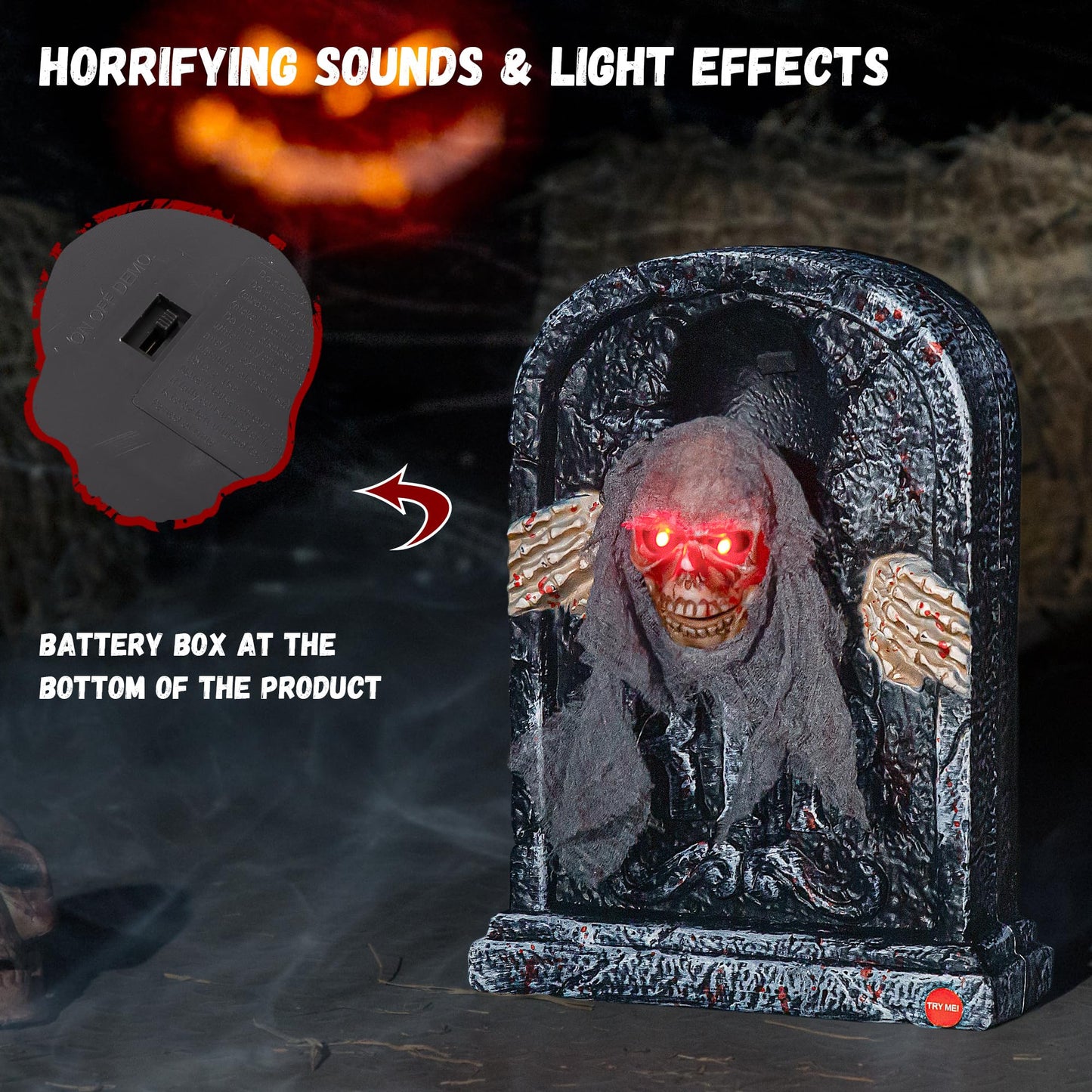 Halloween Animatronic Tombstone with Moving Skeleton - Sensor Activated Animated Scary Prop with Creepy Sound & Light-Up Eyes for Haunted House, Yard,Halloween Party Decor