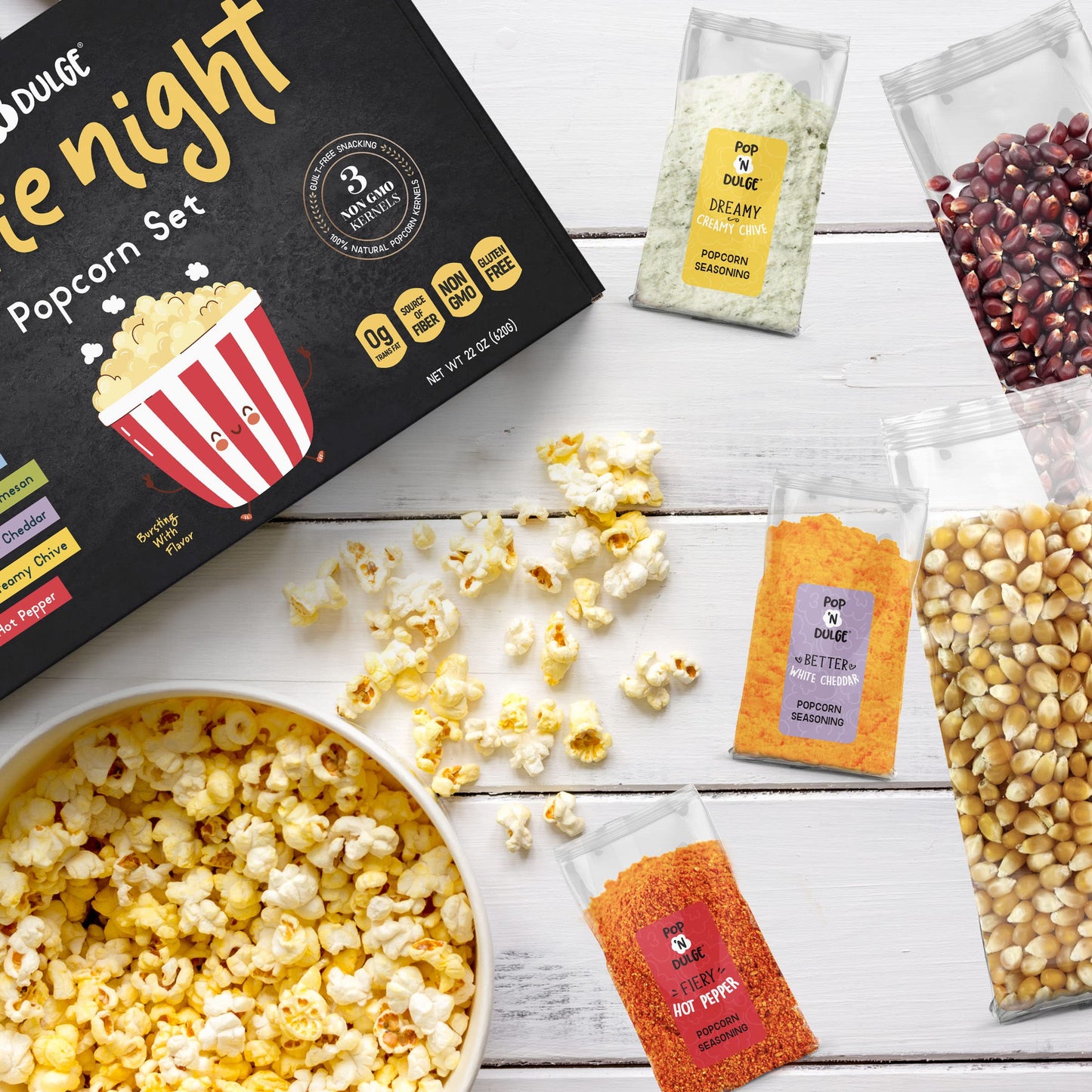 Pop n' Dulge Popcorn Movie Night Supplies 16 pcs Gift Set, 5 Gourmet Popcorn Kernels, 5 Seasoning Variety Packs Non-GMO Kosher Snacks, Great Housewarming Family Date Night Gifts Basket Ideas For Him Her
