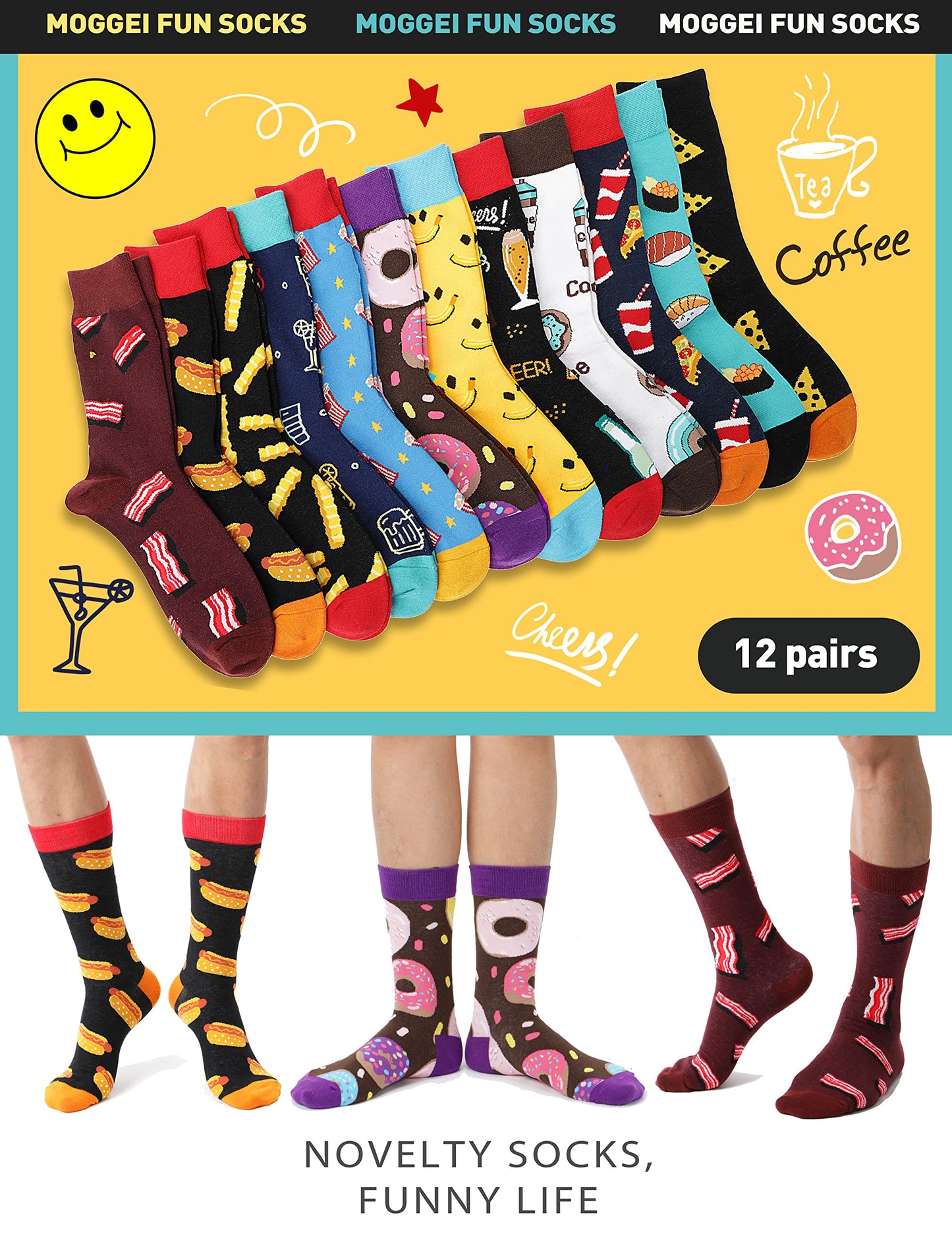 Funny Socks for Women Men Fun Cozy Crazy Cute Novelty Gifts for Father Men dad husband Breathable Cotton Boot Socks Stocking Stuffers（ Food A（12 Pairs）,L)