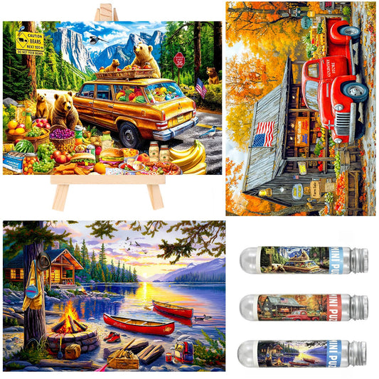Small Jigsaw Puzzles for Adults 150 Pieces Mini Jigsaw Puzzles Challenging Retro American Illustration Puzzles 6 x 4 Inches, 3 Pcs,Mini Easel Included