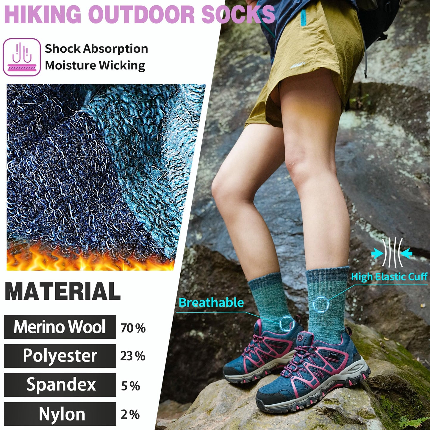 SAVALOS Merino Wool Hiking Socks for Women Thermal Warm Winter Cozy Work Crew Gifts Socks 5 Pairs Stocking Stuffers (Assorted A,M)