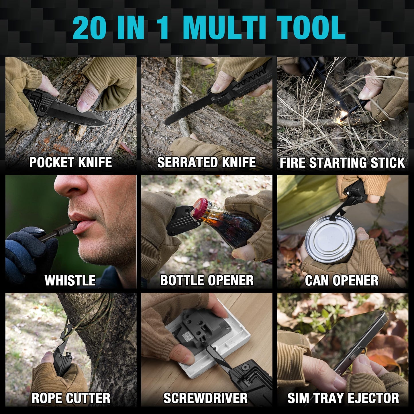 DURATECH 20 in 1 Multitool with Safety Locking, Pocket Tool with Pocket Knife, Screwdriver, Saw, Can Opener, Bottle Opener, Whistle, Fire Starting Sticks, Multi Tool for Outdoor, Hunting, Hiking