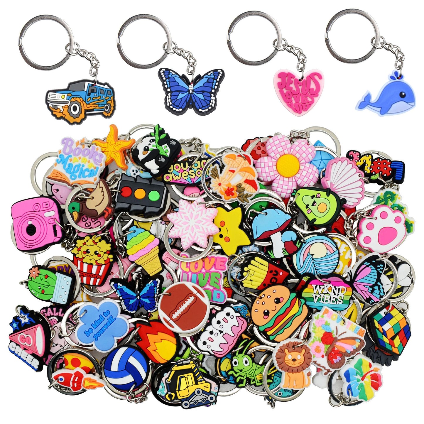 Gibleitz 200pcs Random Different Keychains,Mixed Non-Repeat Cute Key Chain for Classroom Prizes Students Incentives Holiday Gifts Party Favors