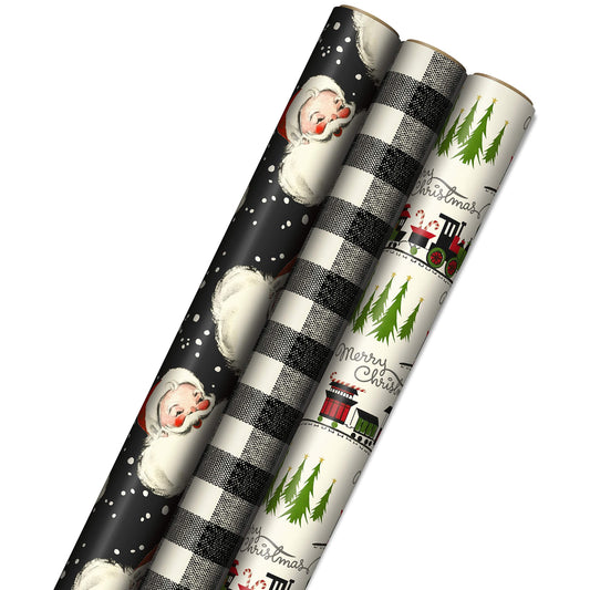 Hallmark Black Christmas Wrapping Paper with Cut Lines on Reverse (3 Rolls: 120 sq. ft. ttl) Retro Santa, Black and White Buffalo Plaid, Train and Trees (0005JXW1077)