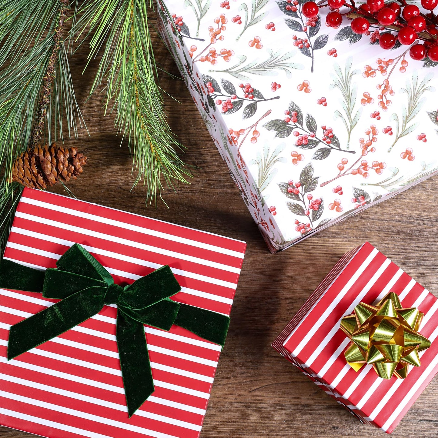 LaRibbons Reversible Christmas Wrapping Paper Jumbo Roll, Vintage Red Berries & Red Candy Cane Stripe Gift Wrap for Christmas, Season Party, Xmas, 30 Inch × 33 Feet