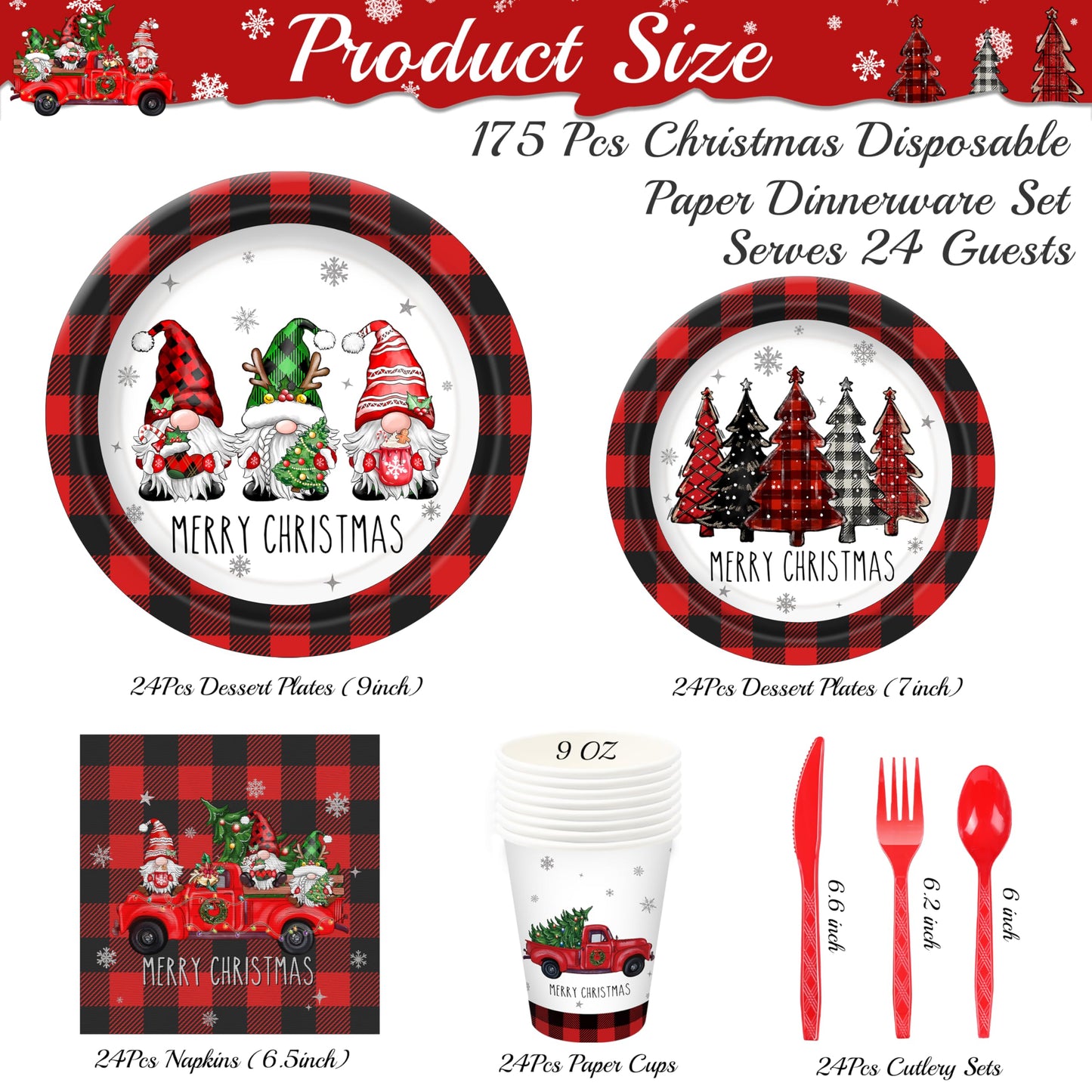 Christmas Plates Set Christmas Dinner Tableware Set Disposable 168Pcs Christmas Party Supplies for 24 Guests Buffalo Plaid Christmas Paper Plates Napkins Cups Plastic Forks Knives Spoons