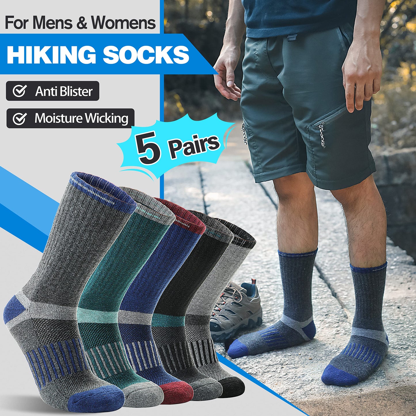 Merino Wool Hiking Socks for Men Warm Thermal Winter Cozy Work Crew Socks Gifts Stocking Stuffers 5 Pairs (Dark Pinstripes A,L)