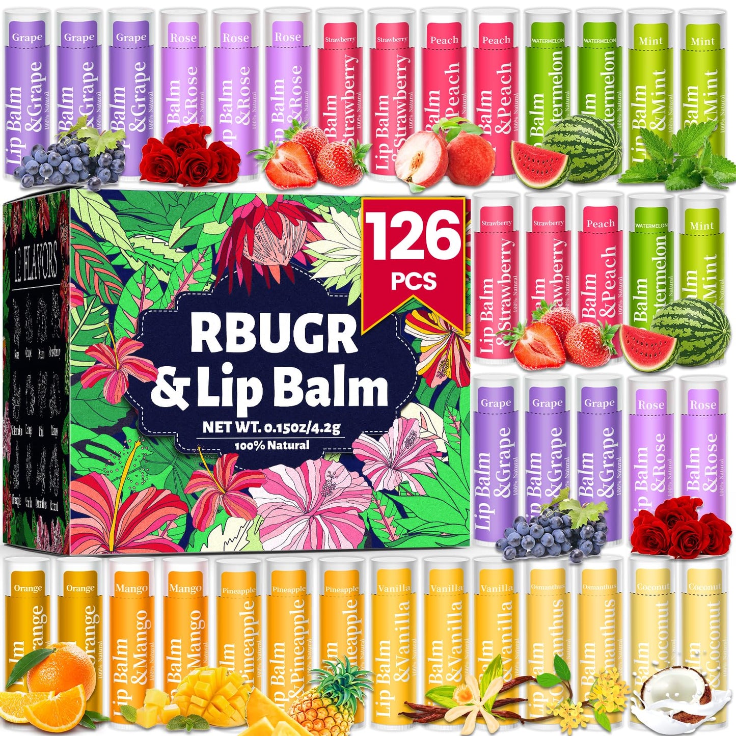 RBUGR 126 Pcs Lip Balm Bulk, 12 Flavored Pack of Lip Balms Pack Natural Moisturising Organic Lip Balm Set for Cracked Lips, Bulk Gifts Stocking Stuffers Party Favors(4.2g/0.15oz)