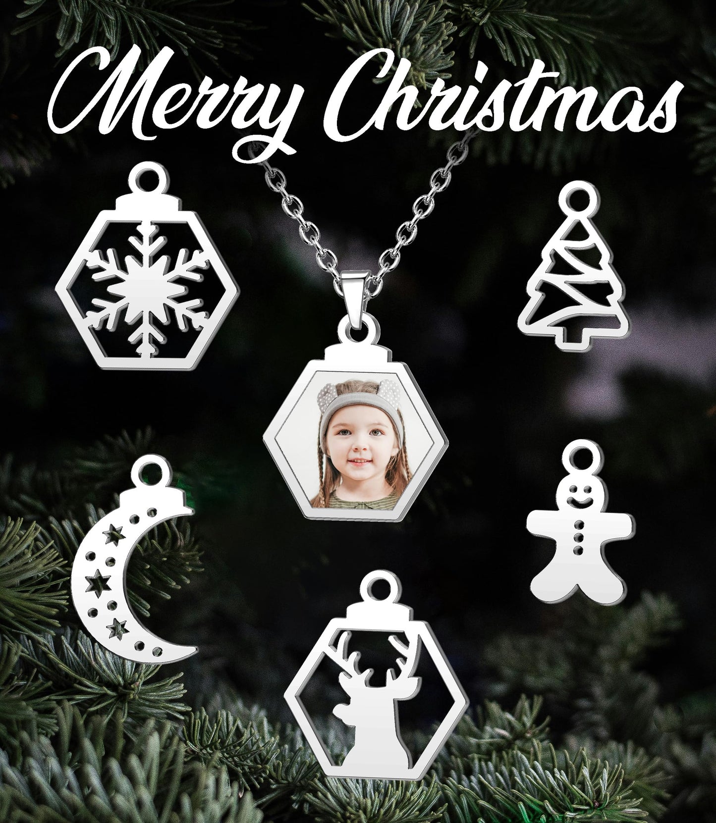 CharmSStory Christmas Tree Snowflake Gingerbread Reindeer Personalized Photo Necklaces Name Necklace Custom Engraved Memory Keepsake Picture Necklace Pendant Customized Gifts for Women Men