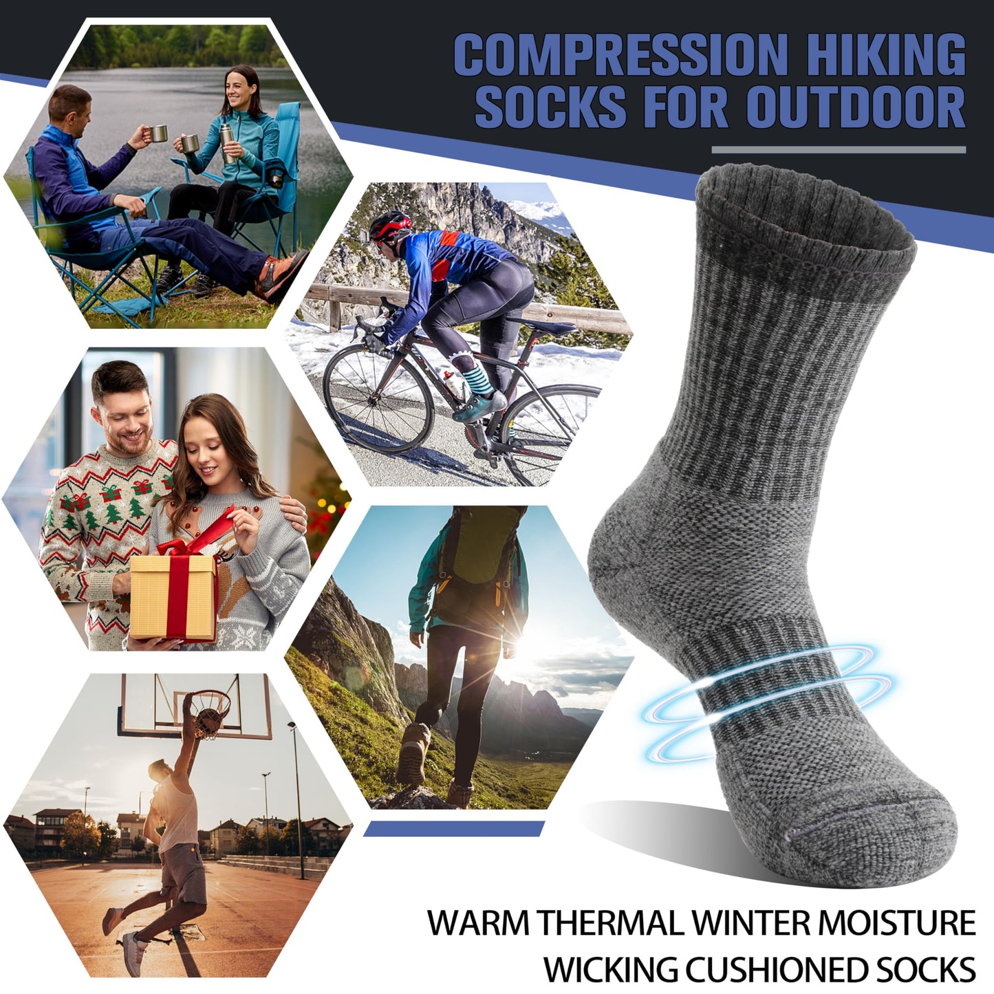 Merino Wool Socks for Men Thermal Winter Warm Hiking Cozy Crew Work Gift Socks Stocking Stuffers 5 Pairs(Blue,L)
