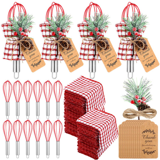 FoldTier 12 Sets Christmas Whisk Baking Supplies Gifts Sets Include Stainless Steel Whisk, Greeting Card, Snowfall Pine Branches, Plaid Towel, Rope for Xmas Neighbor Employee Stocking Stuffers Cooking