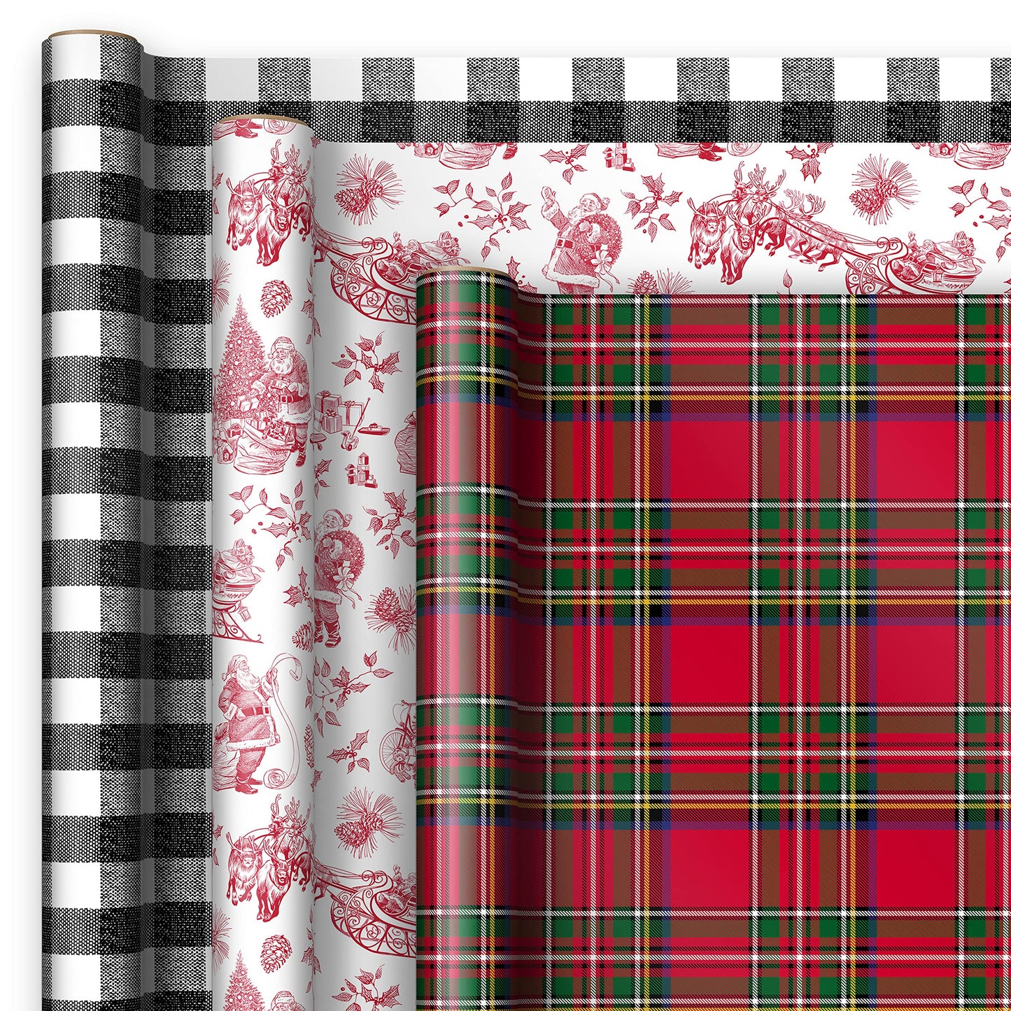 Hallmark Holiday Plaid Wrapping Paper with Cutlines and Optional DIY Bow Templates on Reverse (3-Pack: 120 Sq. Ft. Ttl) Red Toile, Black Buffalo Check, Plaid for Christmas, Birthdays, Weddings, Crafts
